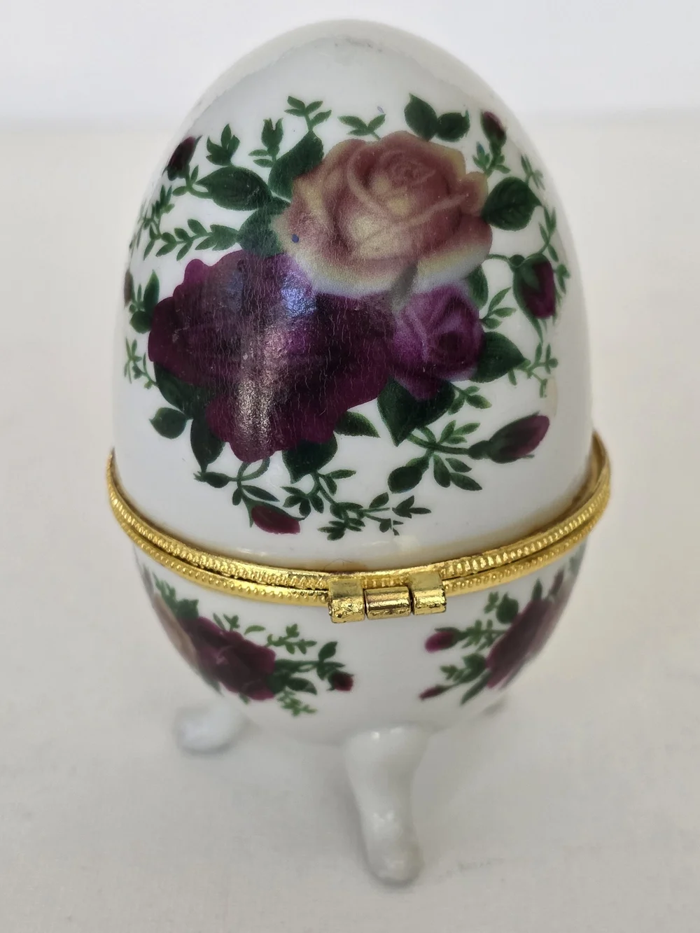 Porcelain Floral Egg Jewelry Box with Gold Trim - White and Purple
